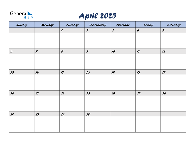  April 2025 Blue Calendar