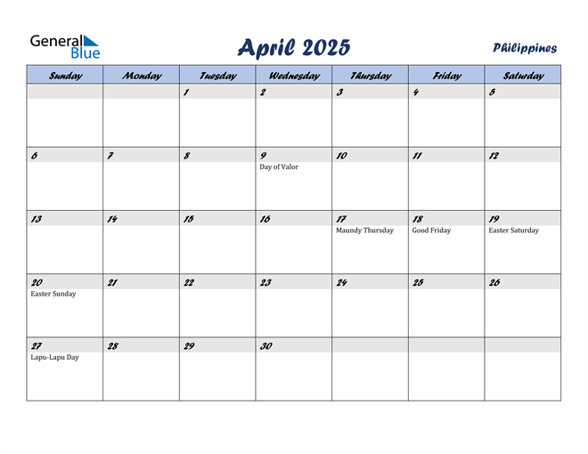 Philippines April 2025 Calendar with Holidays