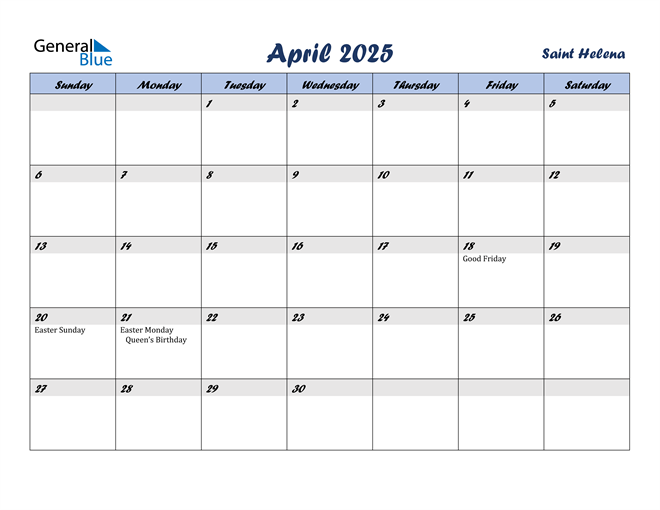 April 2025 Calendar with Saint Helena Holidays