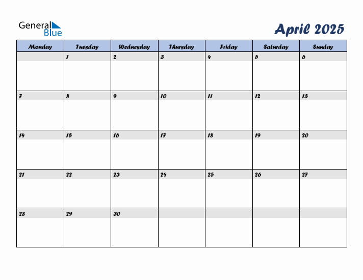 April 2025 Blue Calendar (Monday Start)