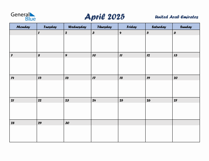 April 2025 Calendar with Holidays in United Arab Emirates