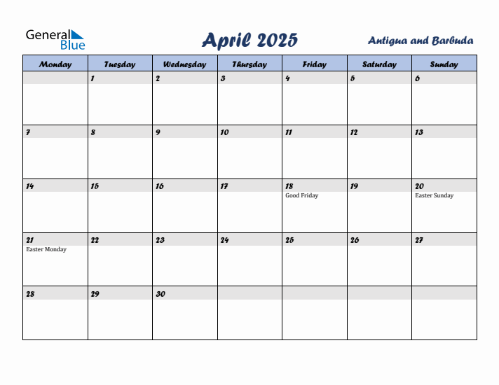 April 2025 Calendar with Holidays in Antigua and Barbuda