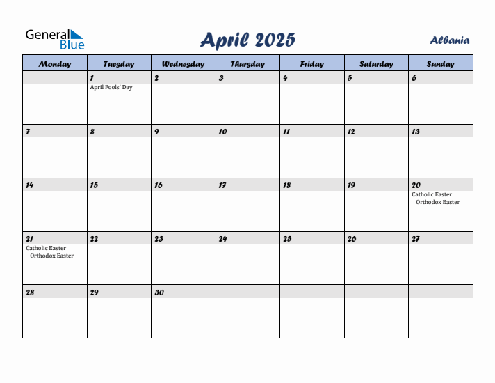 April 2025 Calendar with Holidays in Albania