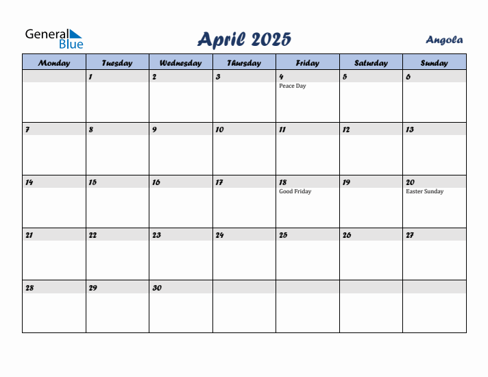 April 2025 Calendar with Holidays in Angola