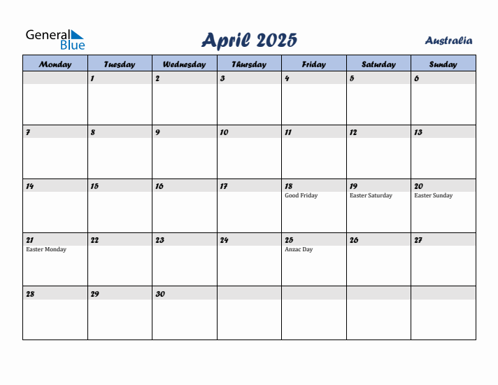 April 2025 Calendar with Holidays in Australia