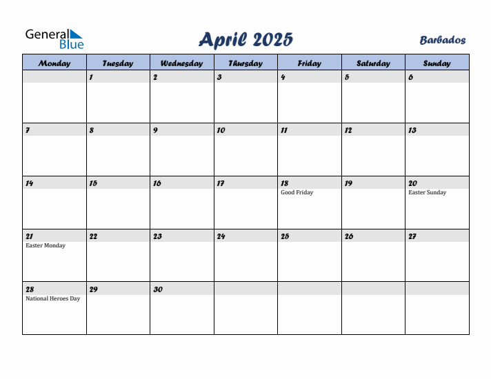 April 2025 Calendar with Holidays in Barbados