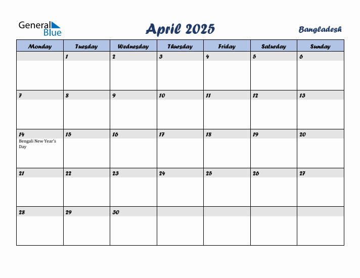 April 2025 Calendar with Holidays in Bangladesh