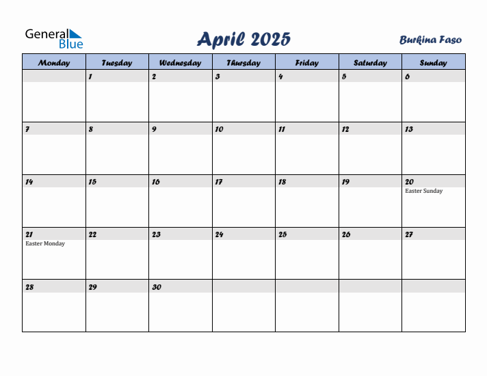 April 2025 Calendar with Holidays in Burkina Faso
