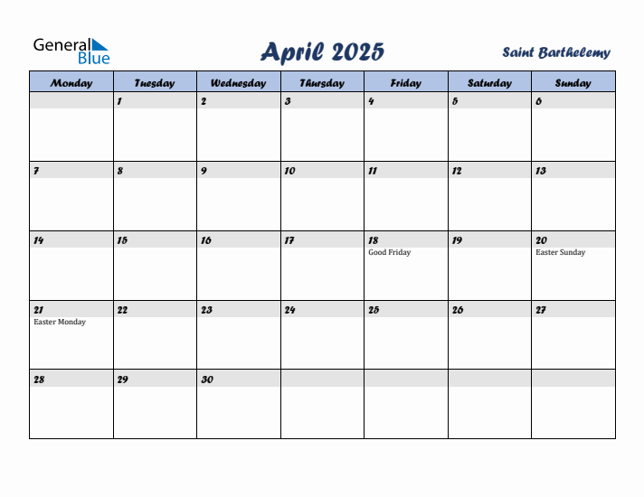 April 2025 Calendar with Holidays in Saint Barthelemy