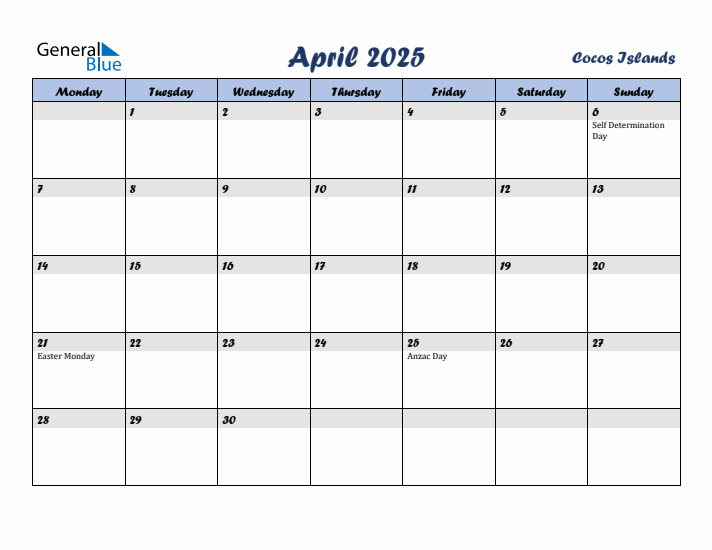 April 2025 Calendar with Holidays in Cocos Islands