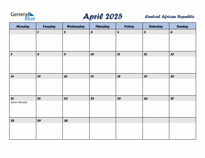 April 2025 Calendar with Holidays in Central African Republic
