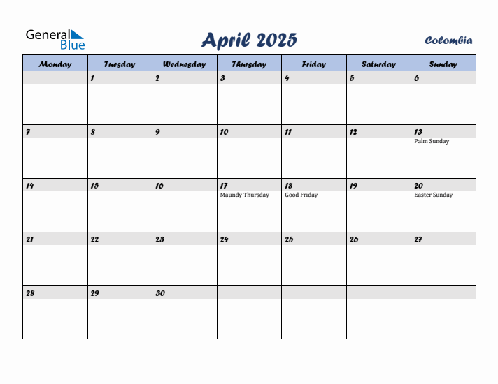 April 2025 Calendar with Holidays in Colombia