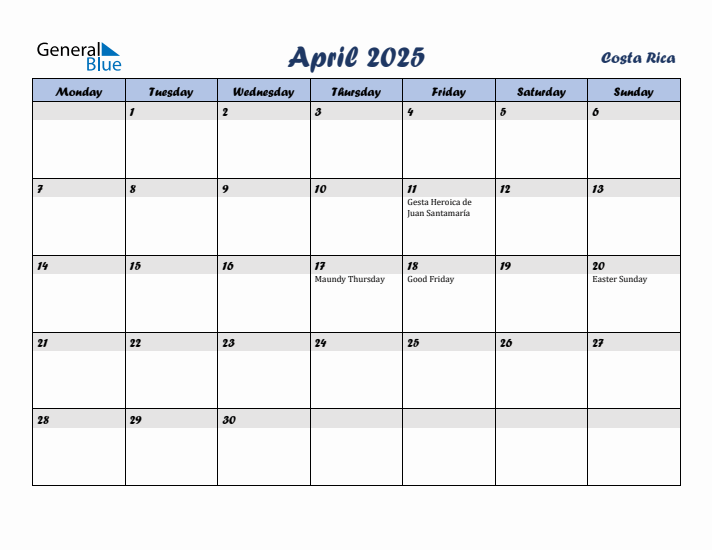 April 2025 Calendar with Holidays in Costa Rica
