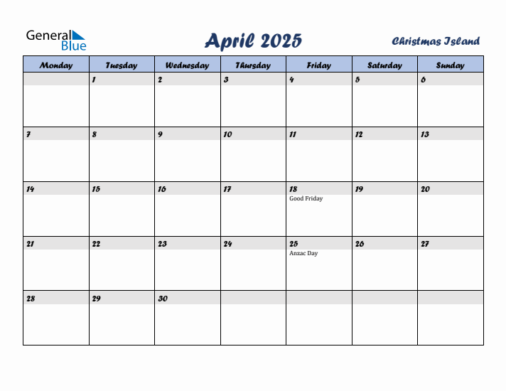 April 2025 Calendar with Holidays in Christmas Island