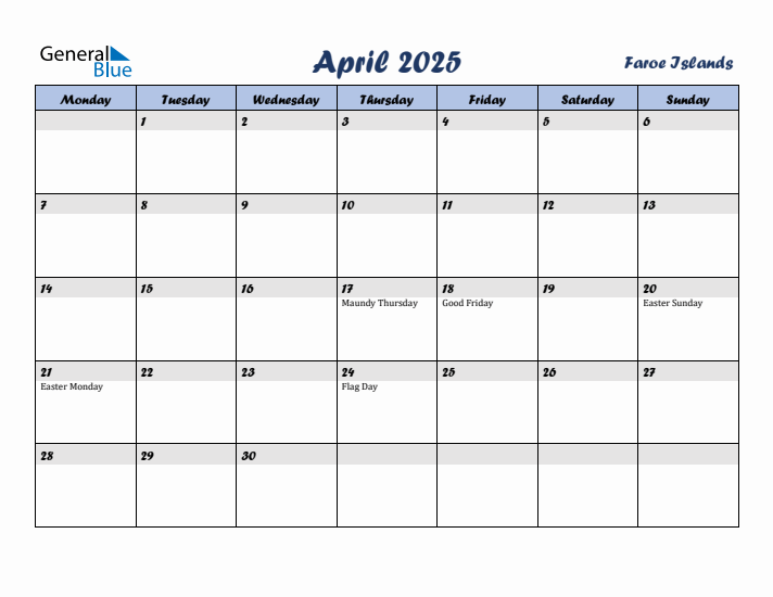 April 2025 Calendar with Holidays in Faroe Islands