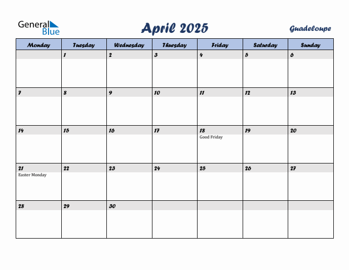 April 2025 Calendar with Holidays in Guadeloupe