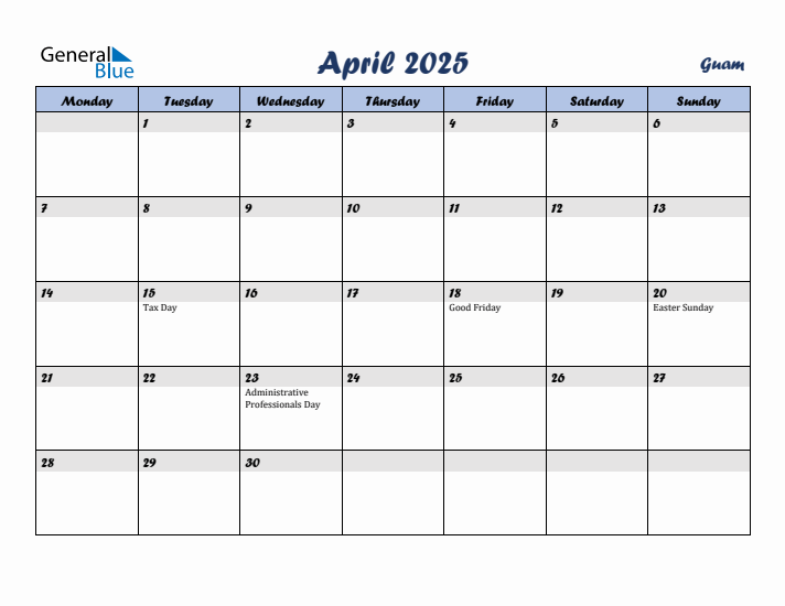 April 2025 Calendar with Holidays in Guam