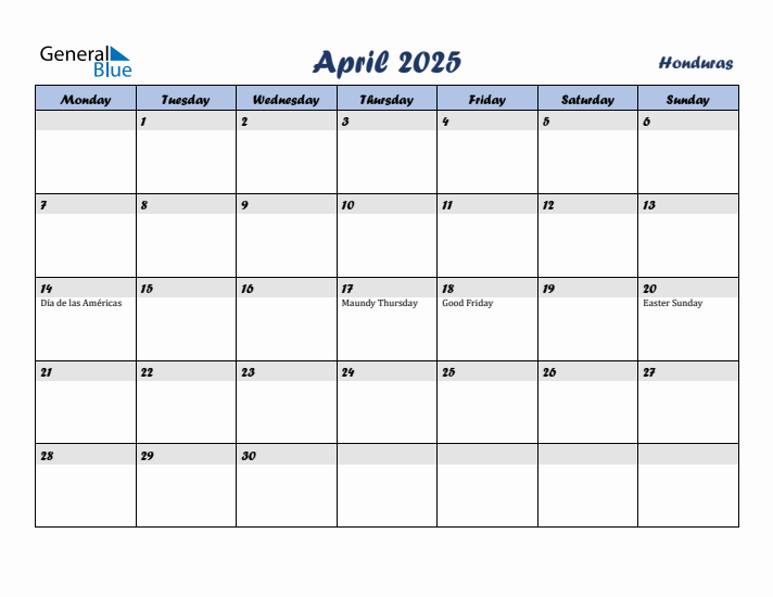 April 2025 Calendar with Holidays in Honduras