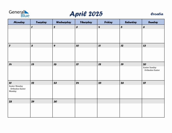 April 2025 Calendar with Holidays in Croatia