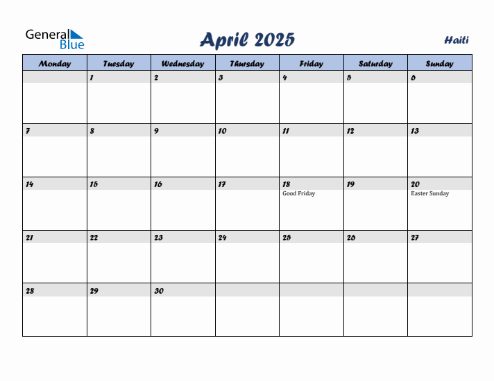 April 2025 Calendar with Holidays in Haiti