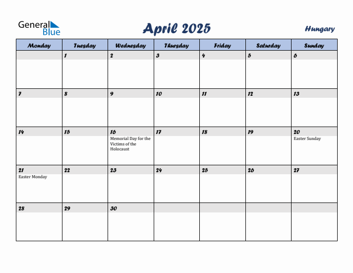 April 2025 Calendar with Holidays in Hungary