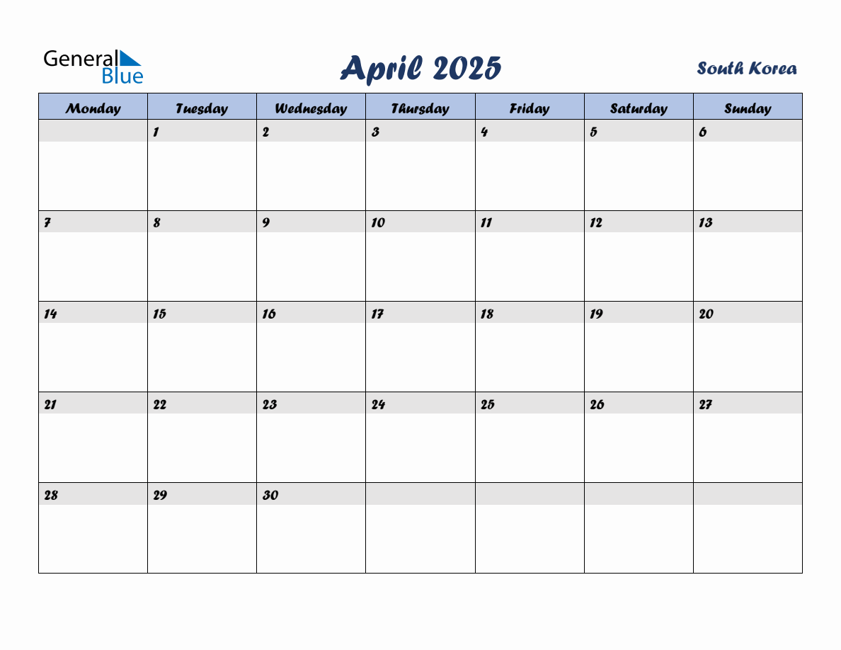 April 2025 Monthly Calendar Template with Holidays for South Korea