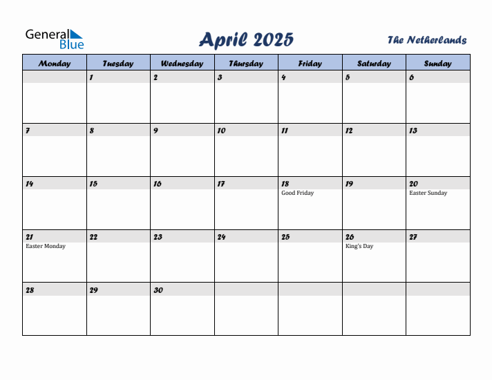 April 2025 Calendar with Holidays in The Netherlands
