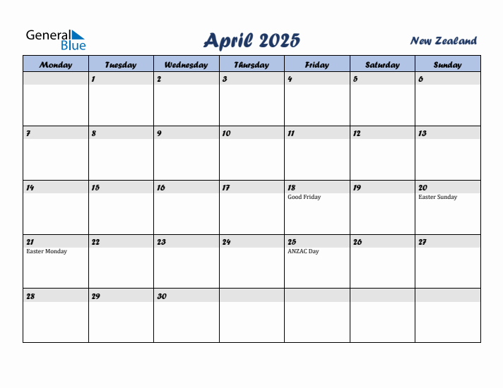 April 2025 Calendar with Holidays in New Zealand