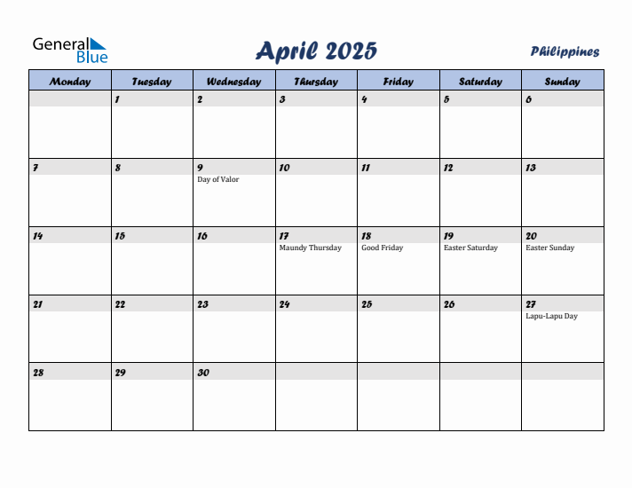 April 2025 Calendar with Holidays in Philippines