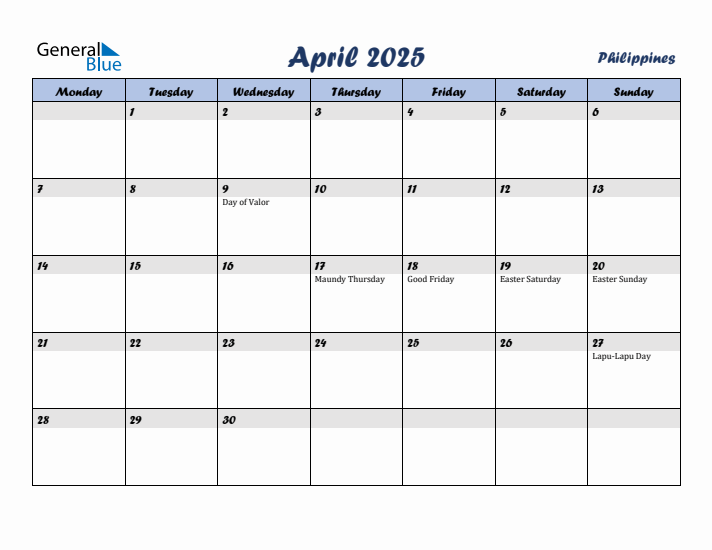 April 2025 Monthly Calendar Template with Holidays for Philippines