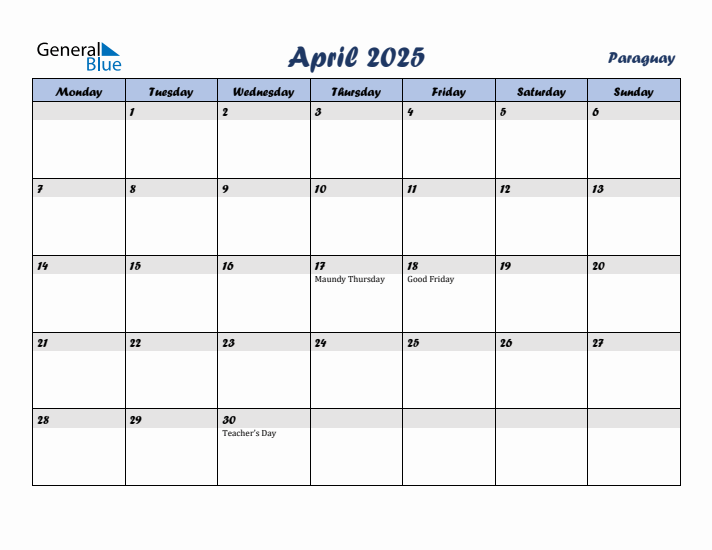 April 2025 Calendar with Holidays in Paraguay