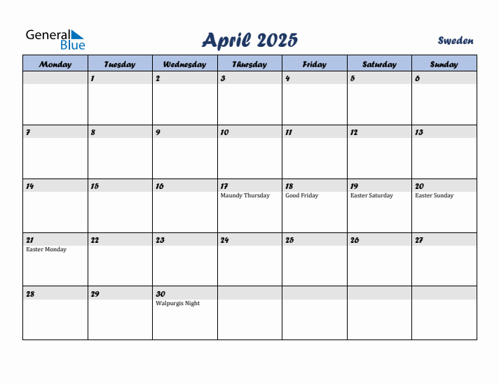 April 2025 Calendar with Holidays in Sweden