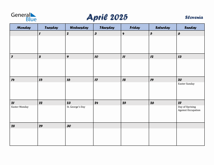 April 2025 Calendar with Holidays in Slovenia