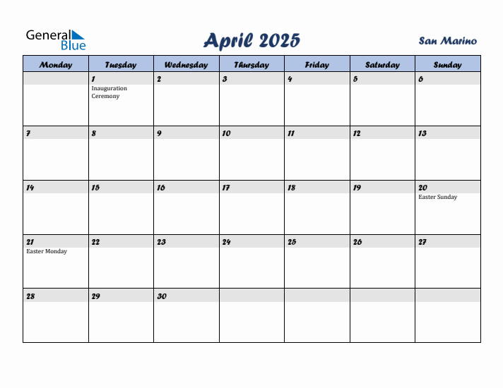 April 2025 Calendar with Holidays in San Marino