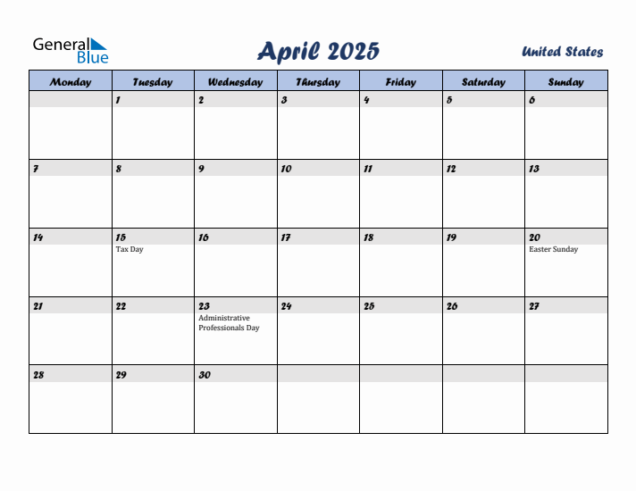 April 2025 Calendar with Holidays in United States
