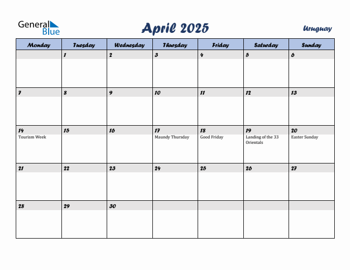April 2025 Calendar with Holidays in Uruguay
