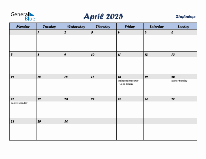 April 2025 Calendar with Holidays in Zimbabwe