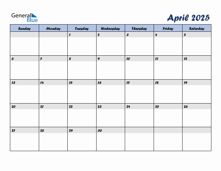 April 2025 Blue Calendar (Sunday Start)