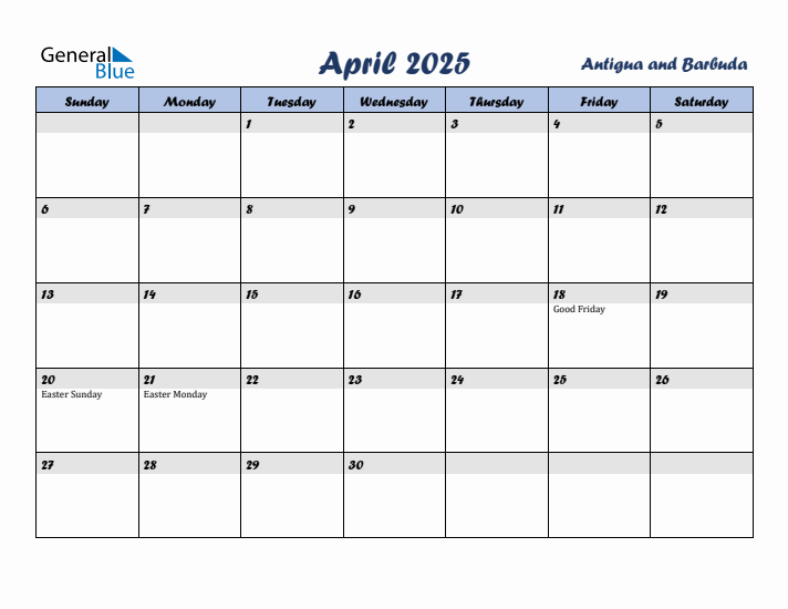 April 2025 Calendar with Holidays in Antigua and Barbuda