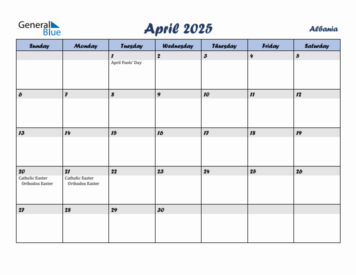 April 2025 Calendar with Holidays in Albania
