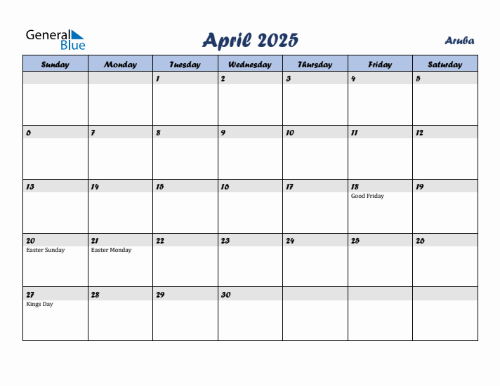 April 2025 Calendar with Holidays in Aruba