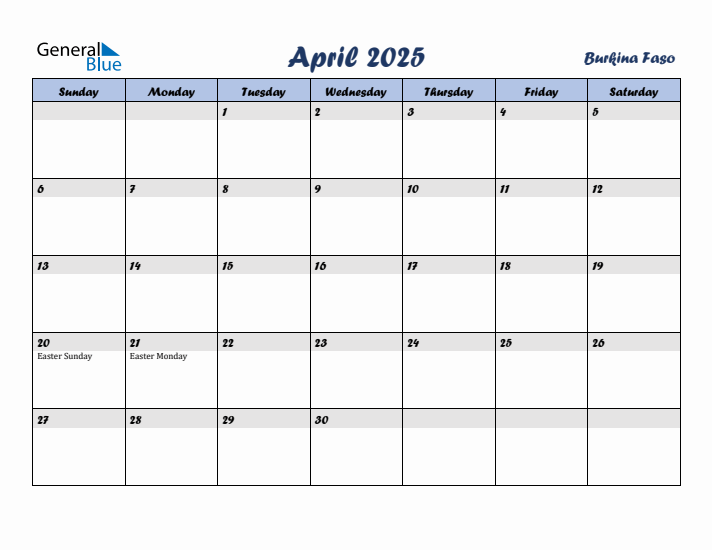 April 2025 Calendar with Holidays in Burkina Faso
