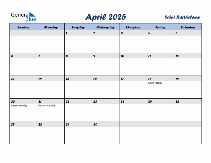 April 2025 Calendar with Holidays in Saint Barthelemy