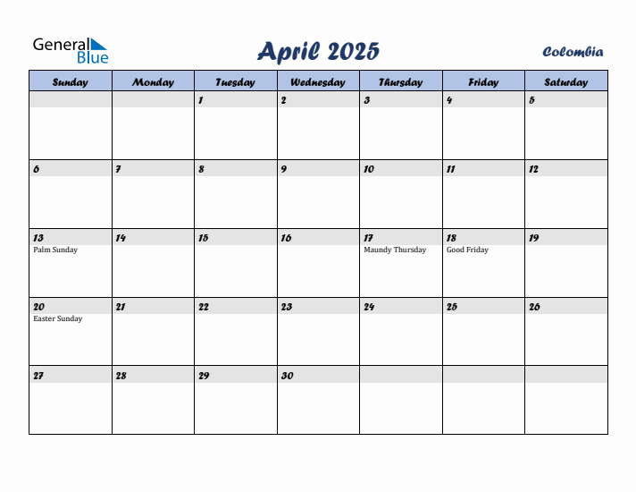 April 2025 Calendar with Holidays in Colombia