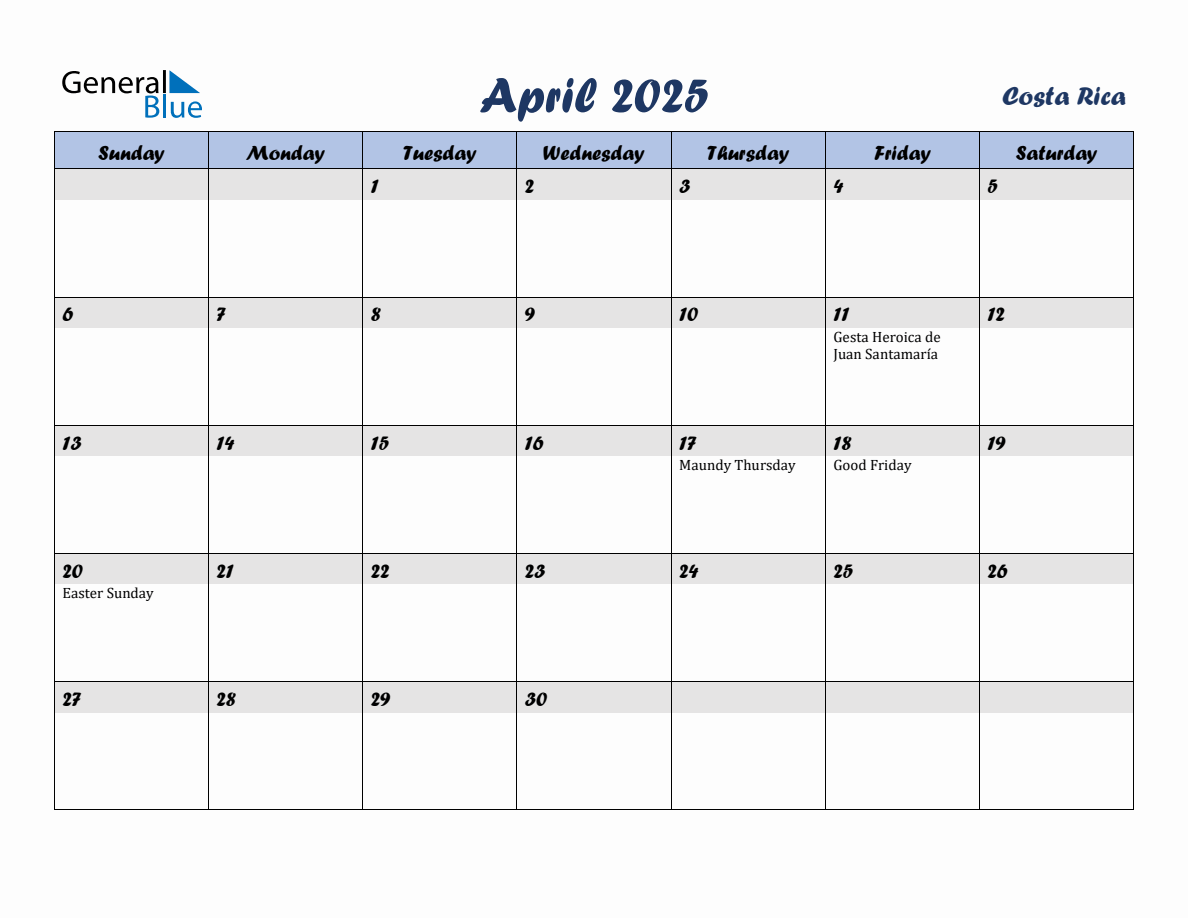 April 2025 Monthly Calendar Template with Holidays for Costa Rica