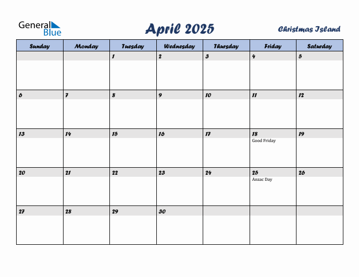 April 2025 Calendar with Holidays in Christmas Island
