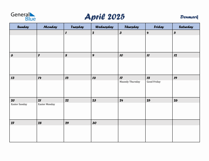 April 2025 Calendar with Holidays in Denmark