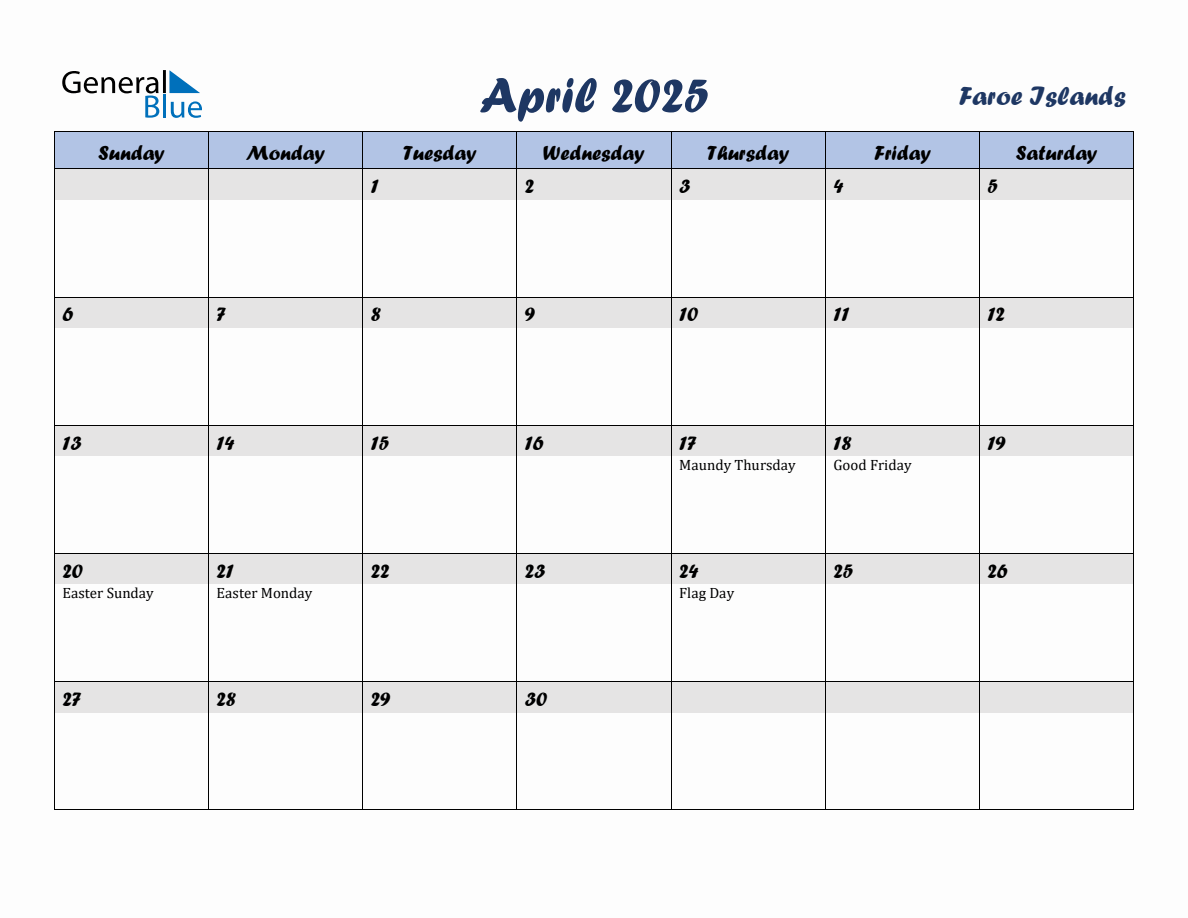 April 2025 Monthly Calendar Template with Holidays for Faroe Islands