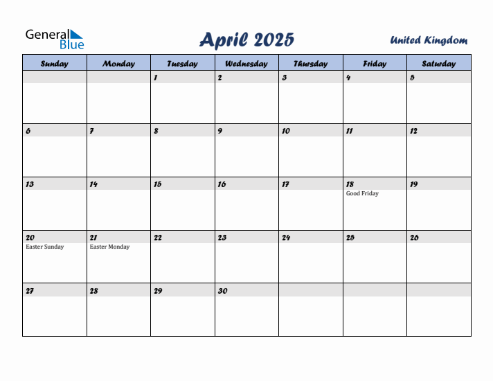 April 2025 Calendar with Holidays in United Kingdom