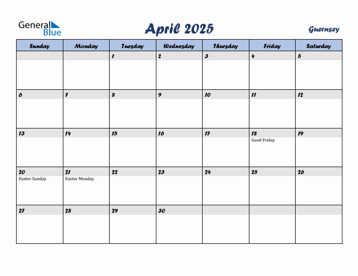 April 2025 Calendar with Holidays in Guernsey
